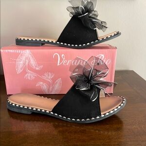 Black Suede Slide Sandals with Bow and Studded Edge